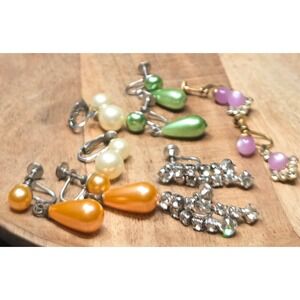 Vintage Dangle Earrings Faux Pearl Rhinestone  Lucite Screwbacks Lot of 5